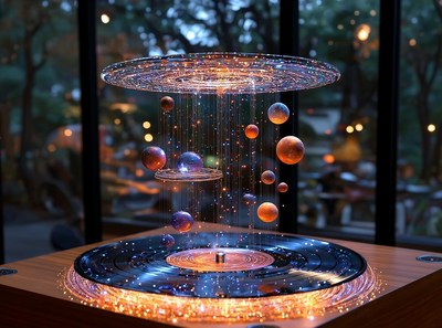Unique floating orbs installation in a cozy cafe setting