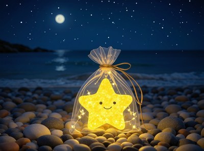 Star-shaped light decoration shines by the beach at night