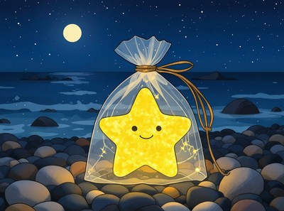Star in a bag glows on a rocky beach at night