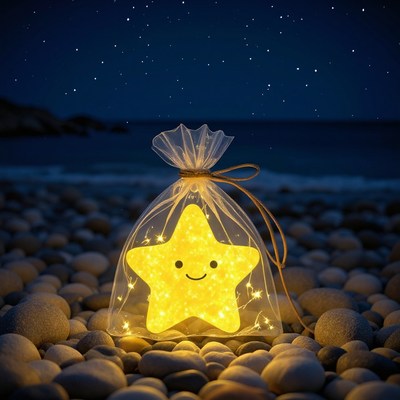 Star-shaped light in a bag shines on a pebble beach at night