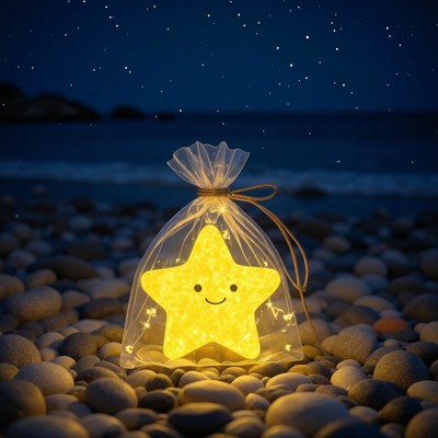 Star-shaped light shining on pebbles by the ocean