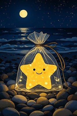 Star in a bag glowing by the seaside at night