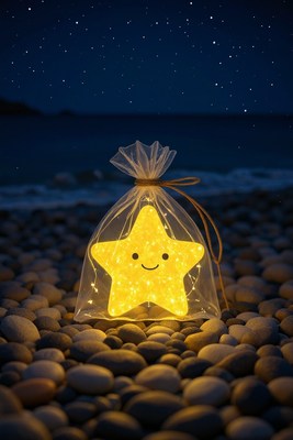 Shining star decoration on pebbled beach at night
