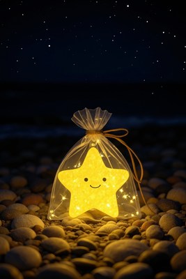 Glowing star decoration on pebbles by the beach at night