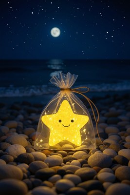 Decorative star shines on rocky beach under moonlight