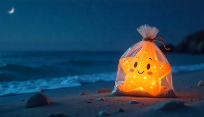 Star-shaped lantern illuminating the beach at night