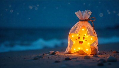 Glowing star decoration near the beach at twilight