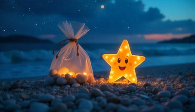 Glowing star and bag of stones on the beach at dusk