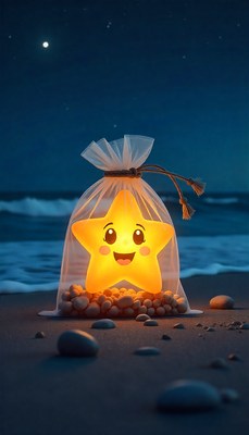 Cute glowing star decoration by the beach at night