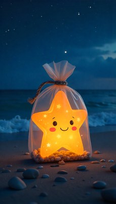 Star-shaped lantern shines on beach at twilight hour