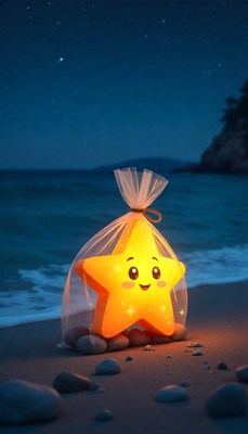 Cute glowing star decoration on beach at night