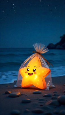 Bright star-shaped lantern on a beach at night