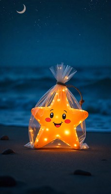 Star-shaped light decoration on beach at night