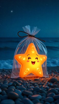 Bright star-shaped lantern on a beach at night
