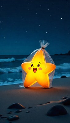 Yellow star-shaped light on beach at night