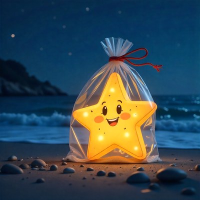 Star-shaped lantern glowing on beach at night