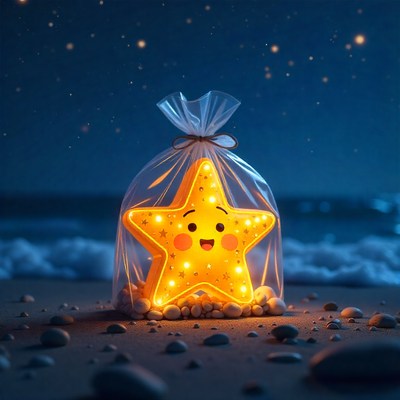 Glowing star lantern on a beach at night