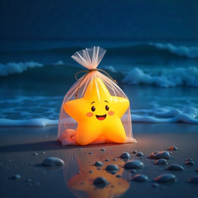 Glowing star decoration on a beach at twilight