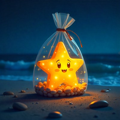 Twinkling star light in a bag on the beach at night