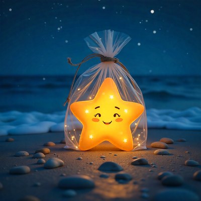 Bright star lantern glowing on the beach at night