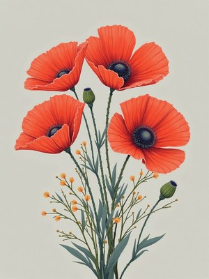 Bright red poppies with green stems and buds in artwork