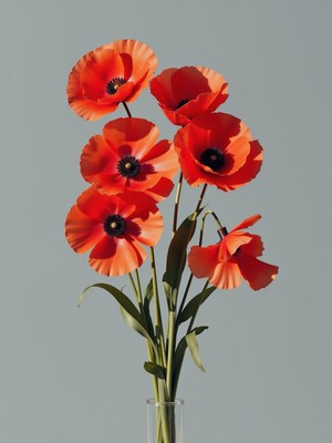 Bright red poppies arranged in a clear vase