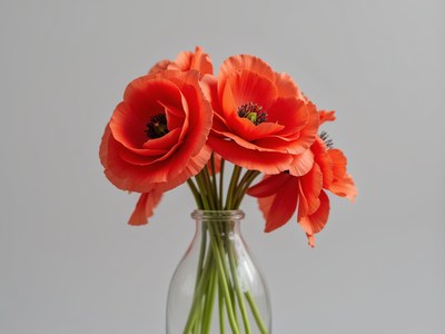 Bright orange flowers in a glass vase on a simple background