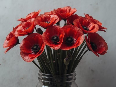 Red flowers in a glass jar brighten the table