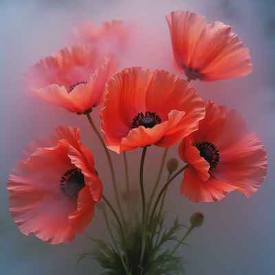 Vibrant red poppies blooming in soft light setting