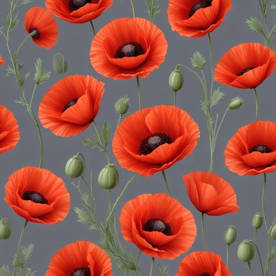 Poppies blooming on a soft gray background