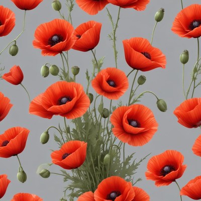Vibrant red poppies against a soft gray background
