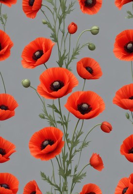 Vibrant red poppies against a soft gray background