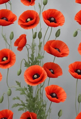 Bright red poppies arranged against a gray background