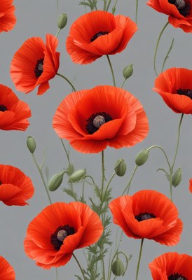 Vibrant red poppies blooming against a gray background