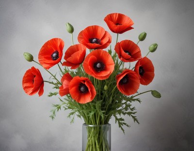 Bright red poppies arranged in a clear glass vase