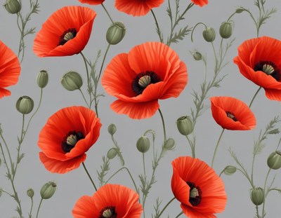 Vibrant red poppies blooming against a soft grey background