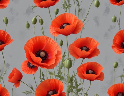 Bright red poppies blooming against a gray background