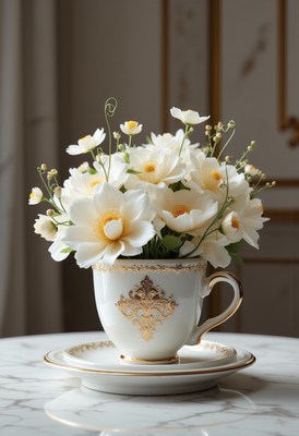 Elegant floral arrangement in a vintage cup on marble table