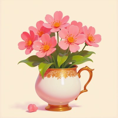 Bouquet of pink flowers in decorative ceramic vase