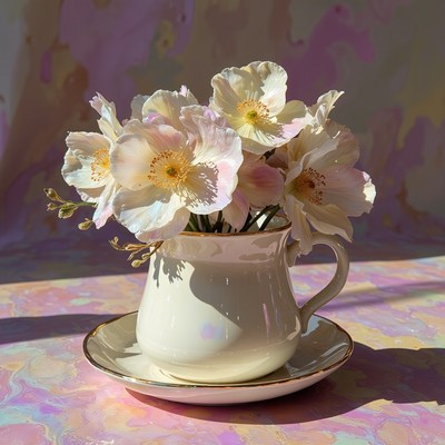 Delicate cup with floral arrangement on bright backdrop