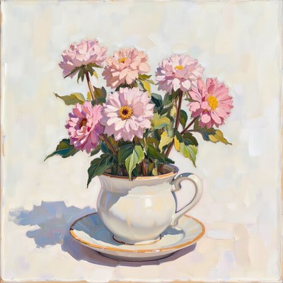 Colorful flowers in a cup with a pastel background