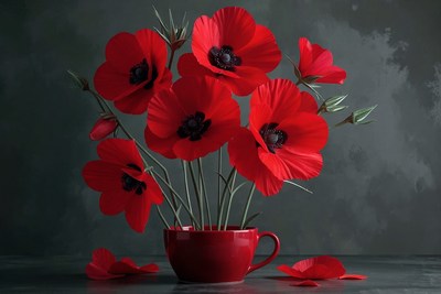 Beautiful red flowers arranged in a bright red cup
