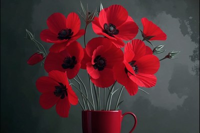 Vibrant red flowers in a bright red cup on a dark background
