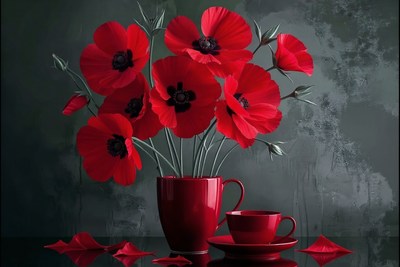 Red paper poppies in a vibrant arrangement