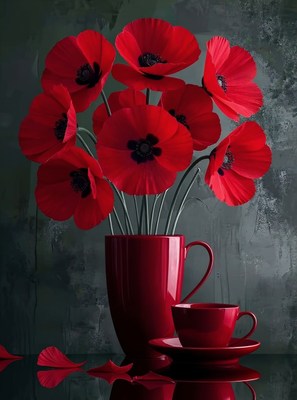 Bright red poppies in a red vase on a dark background