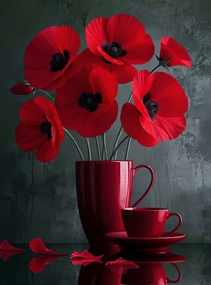 Bright red poppies in a modern red vase on a dark table
