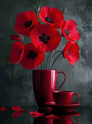 Bright red flowers in artistic black vase display