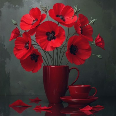 Vibrant red poppies in a stylish vase and cup setting