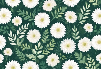 Pattern of white daisies and green leaves on dark background