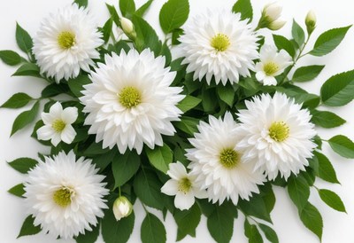 Beautiful white flowers arranged with green leaves
